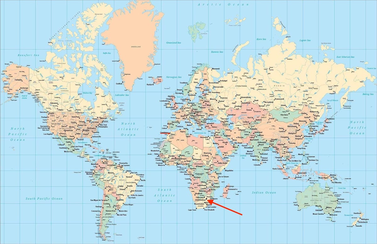 世界地図上のヨハネスブルグ（ジョバーグ・ジョジ）の位置